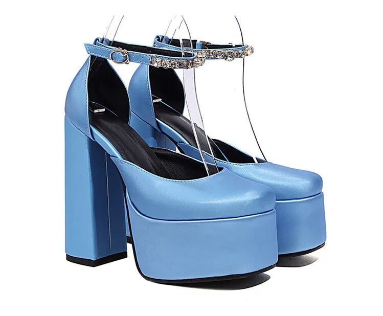 Women's Solid Color Round Toe Chunky Heel Ankle Strap Rhinestone High Heels Platform Sandals
