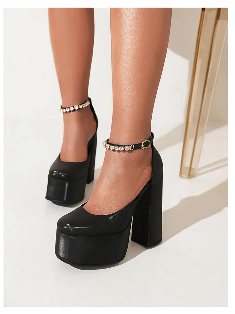 Women's Solid Color Round Toe Chunky Heel Ankle Strap Rhinestone High Heels Platform Sandals