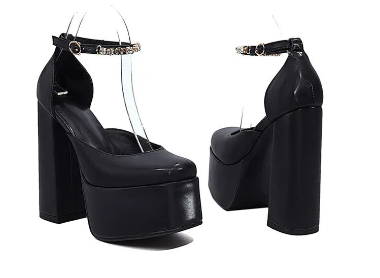 Women's Solid Color Round Toe Chunky Heel Ankle Strap Rhinestone High Heels Platform Sandals