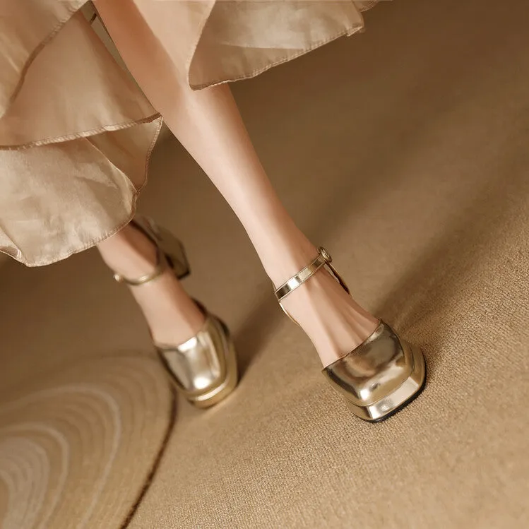 Women's Square Toe Patent Block Heel Platform Sandals