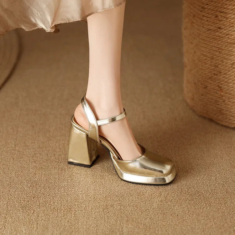 Women's Square Toe Patent Block Heel Platform Sandals