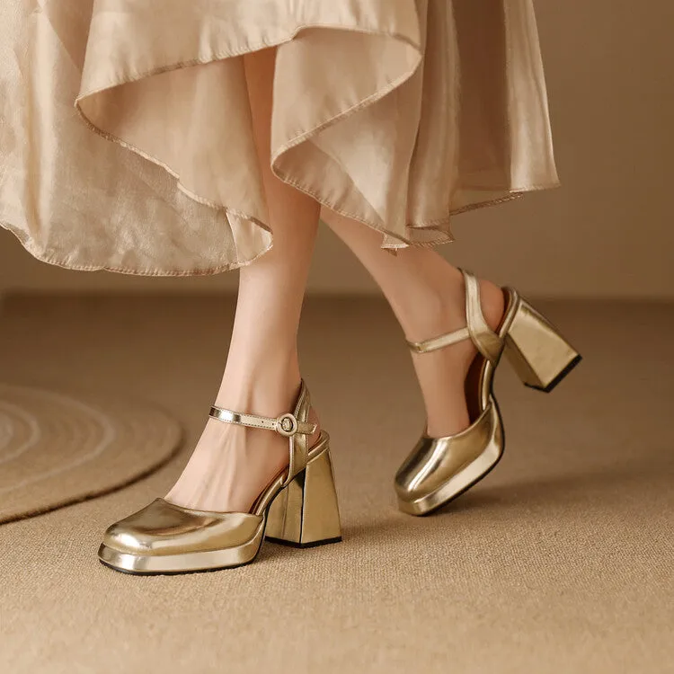 Women's Square Toe Patent Block Heel Platform Sandals