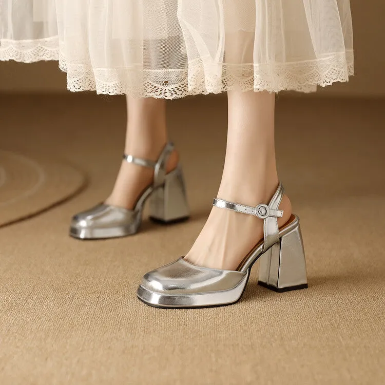 Women's Square Toe Patent Block Heel Platform Sandals