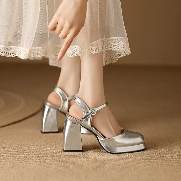 Women's Square Toe Patent Block Heel Platform Sandals