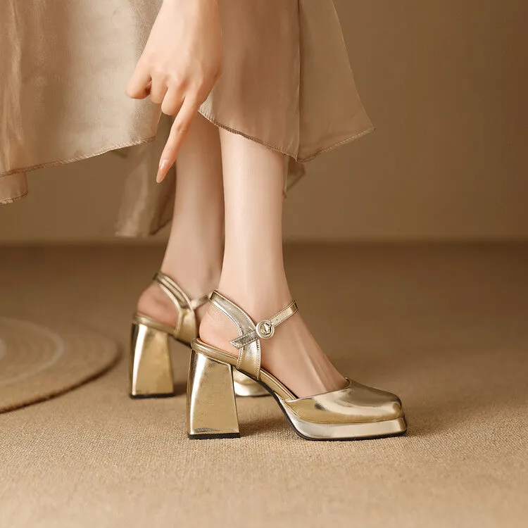 Women's Square Toe Patent Block Heel Platform Sandals