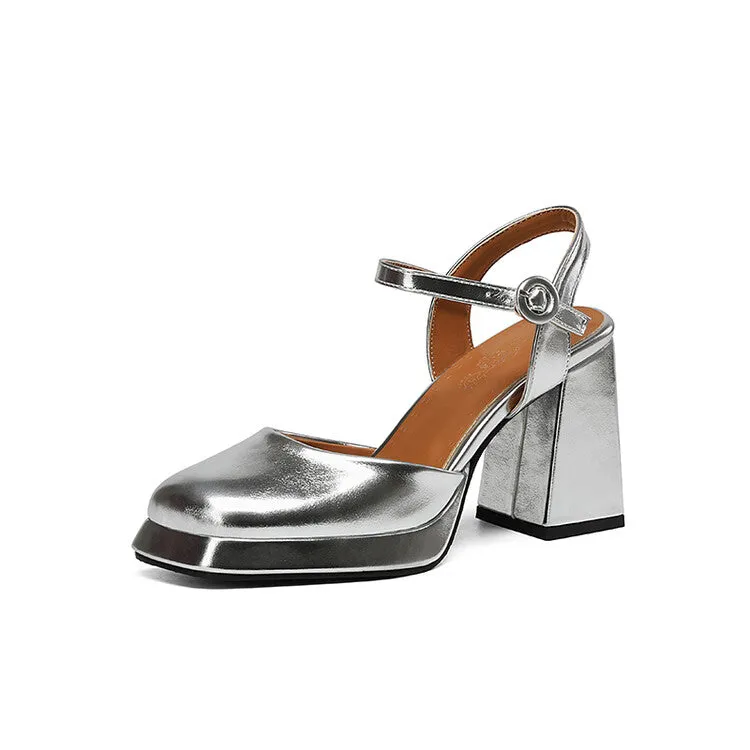 Women's Square Toe Patent Block Heel Platform Sandals
