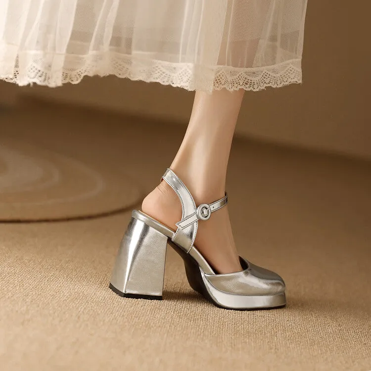 Women's Square Toe Patent Block Heel Platform Sandals