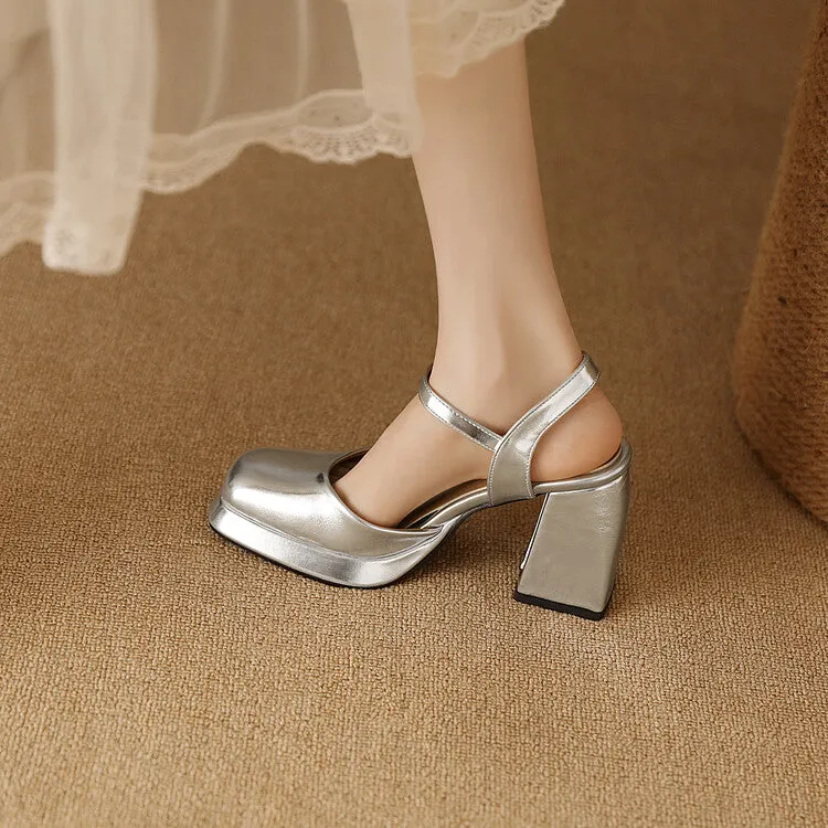 Women's Square Toe Patent Block Heel Platform Sandals