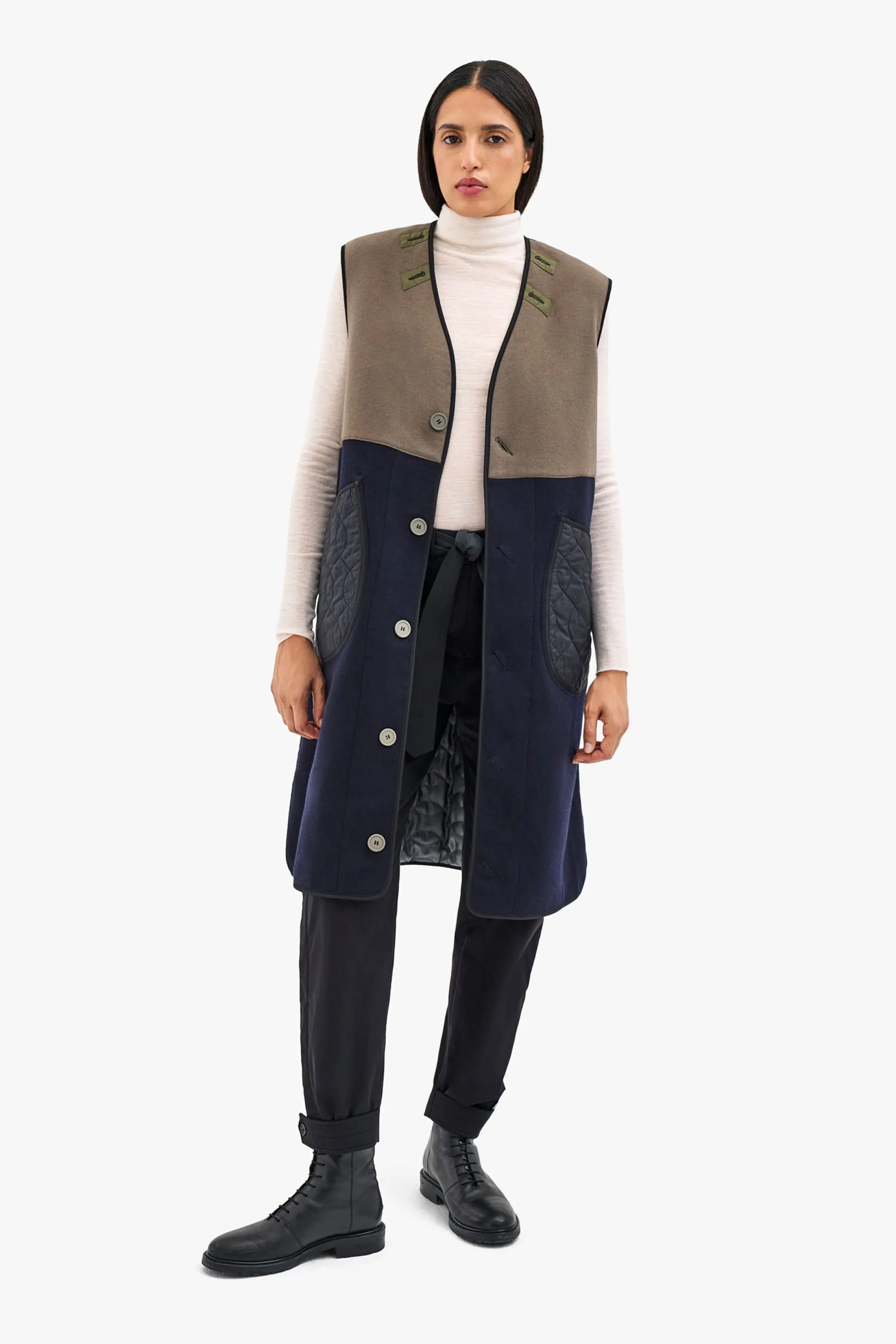 Wool & Satin Quilt Vest - Black & Anthracite / Dark Olive & Black