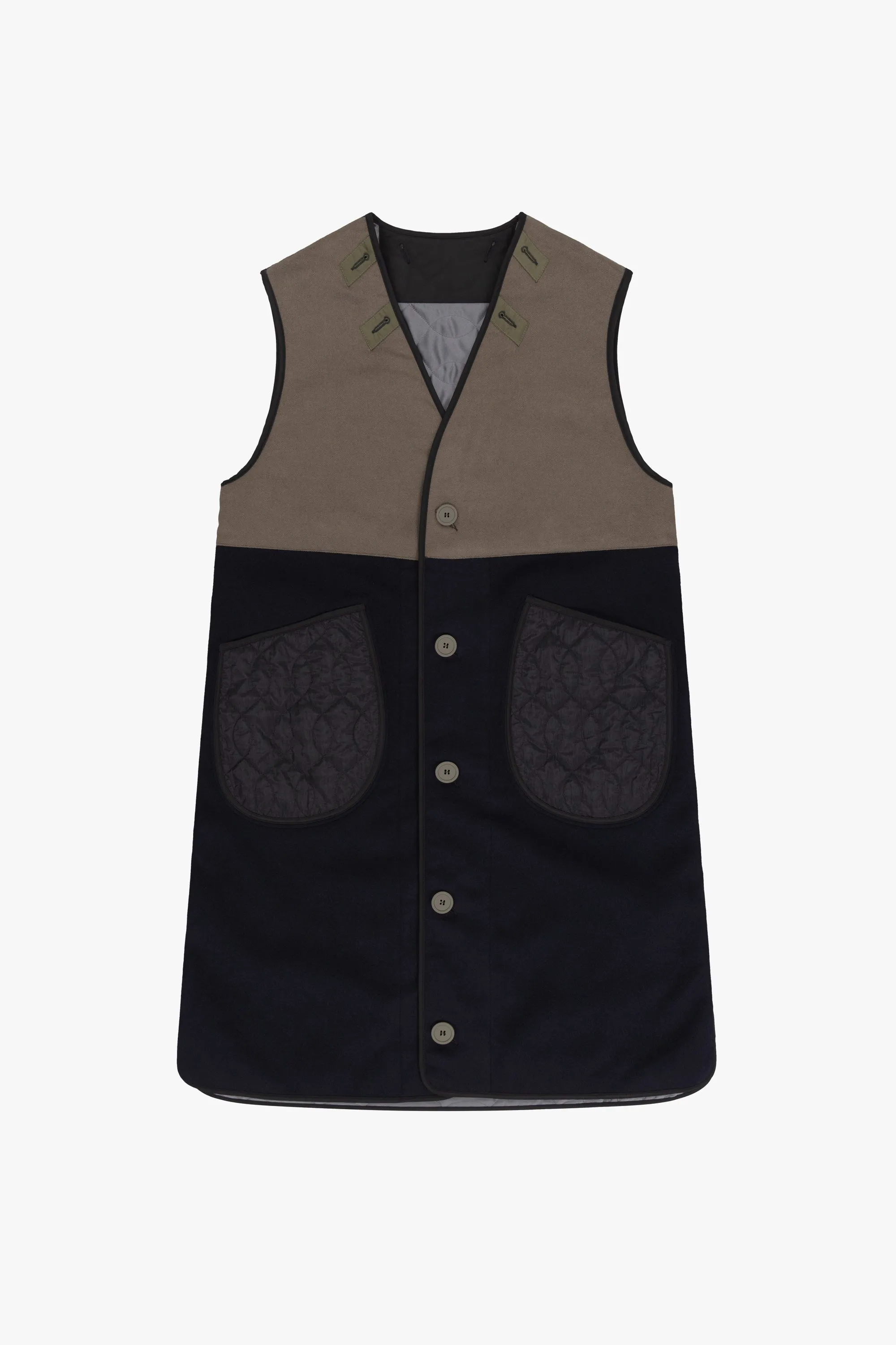 Wool & Satin Quilt Vest - Black & Anthracite / Dark Olive & Black