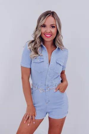 Wylie Western Flair Denim Romper - Light Blue