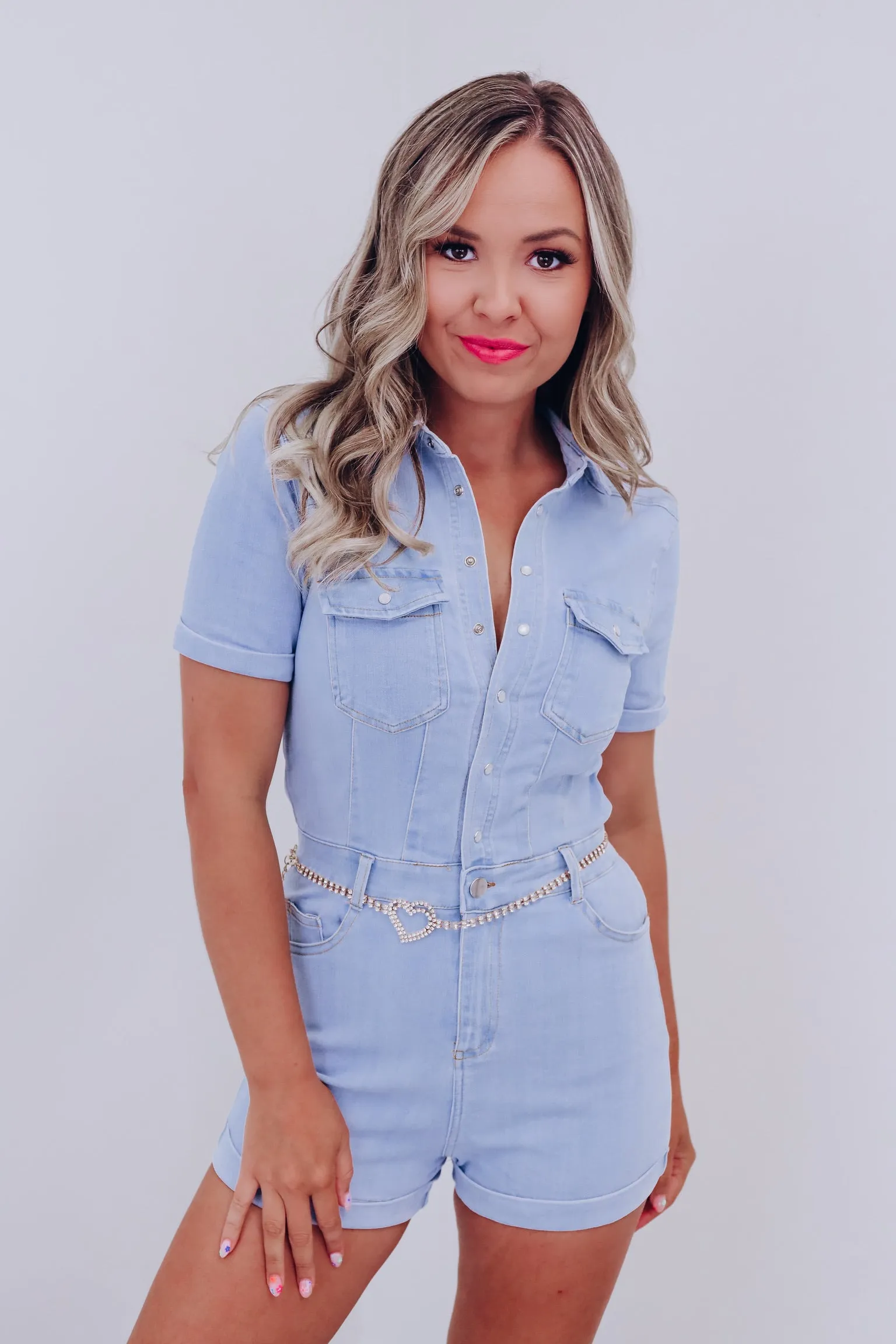 Wylie Western Flair Denim Romper - Light Blue