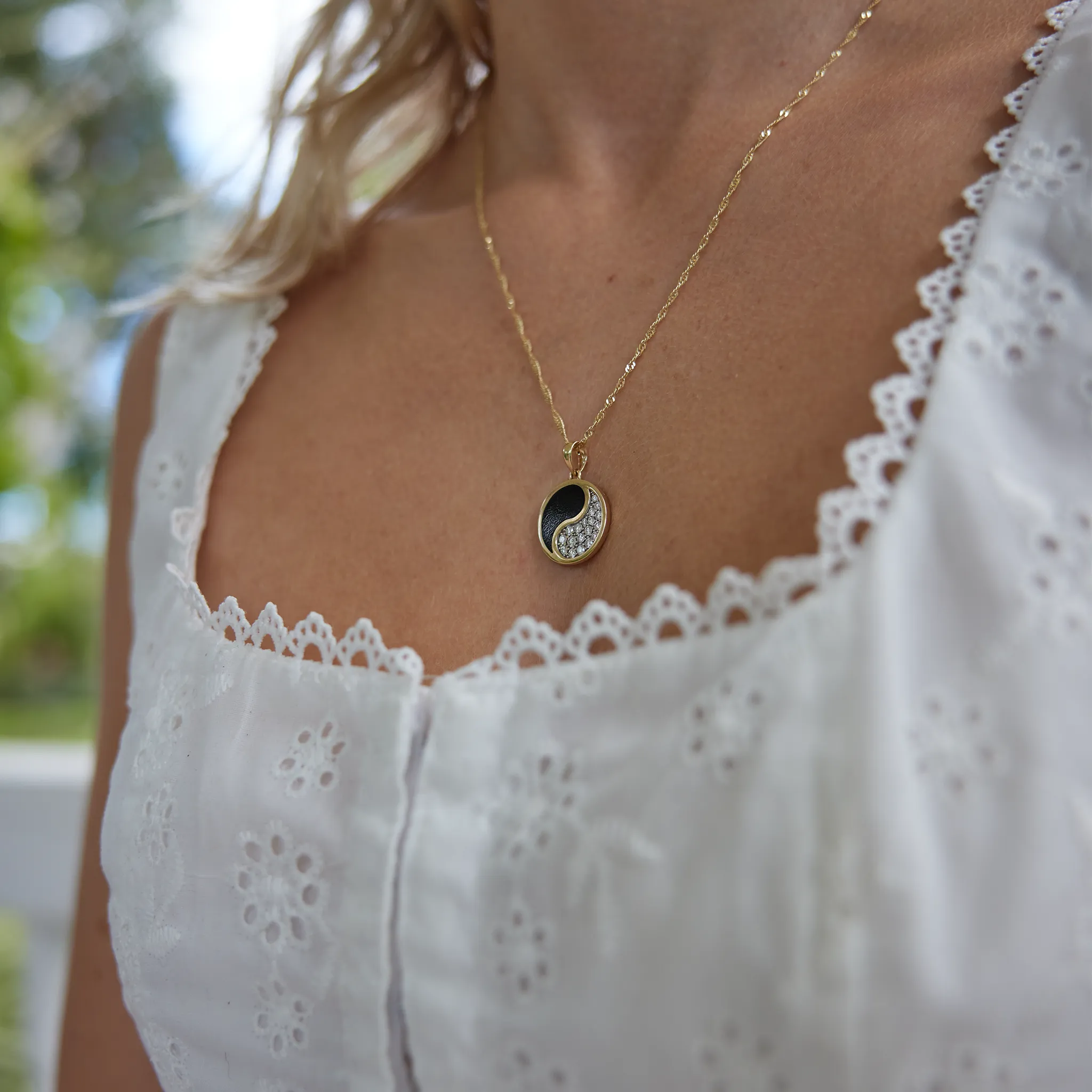 Yin Yang Black Coral Pendant in Gold with Diamonds - 18.5mm