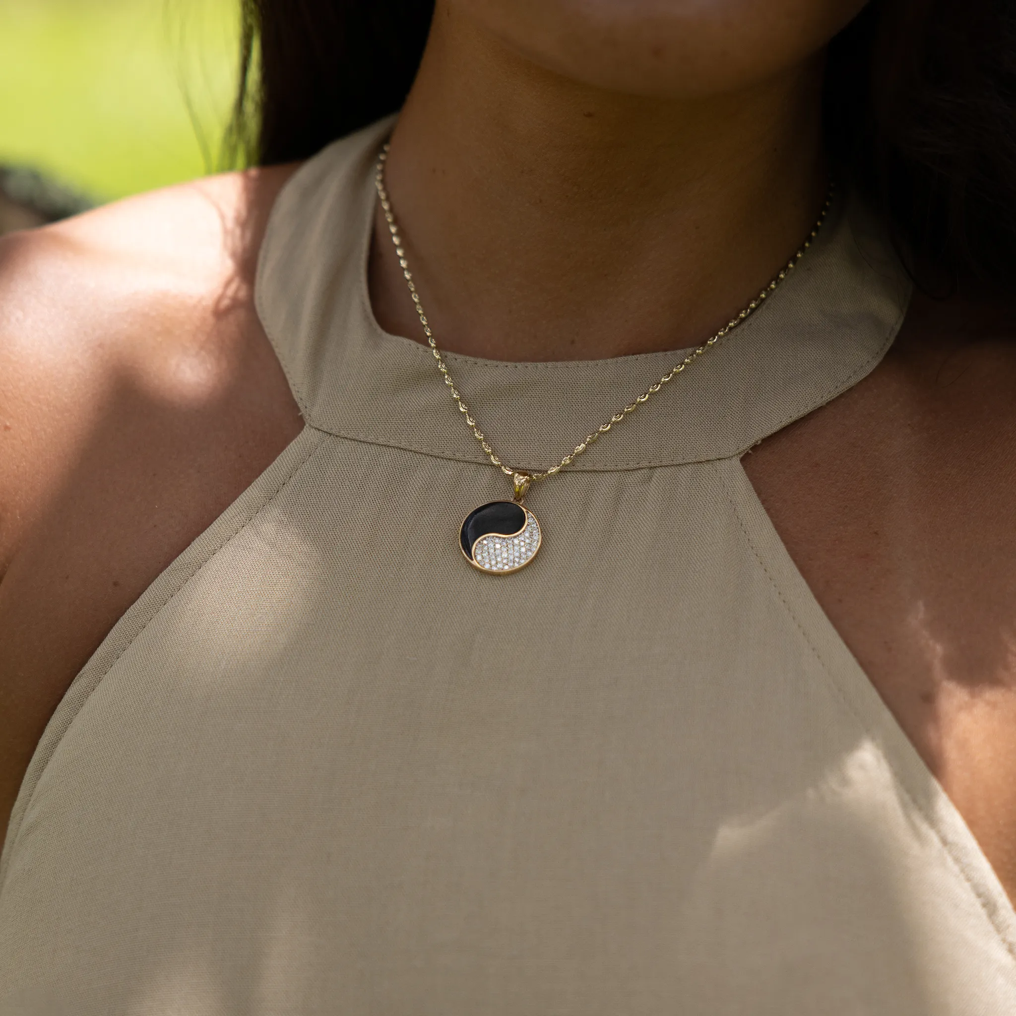 Yin Yang Black Coral Pendant in Gold with Diamonds - 19mm