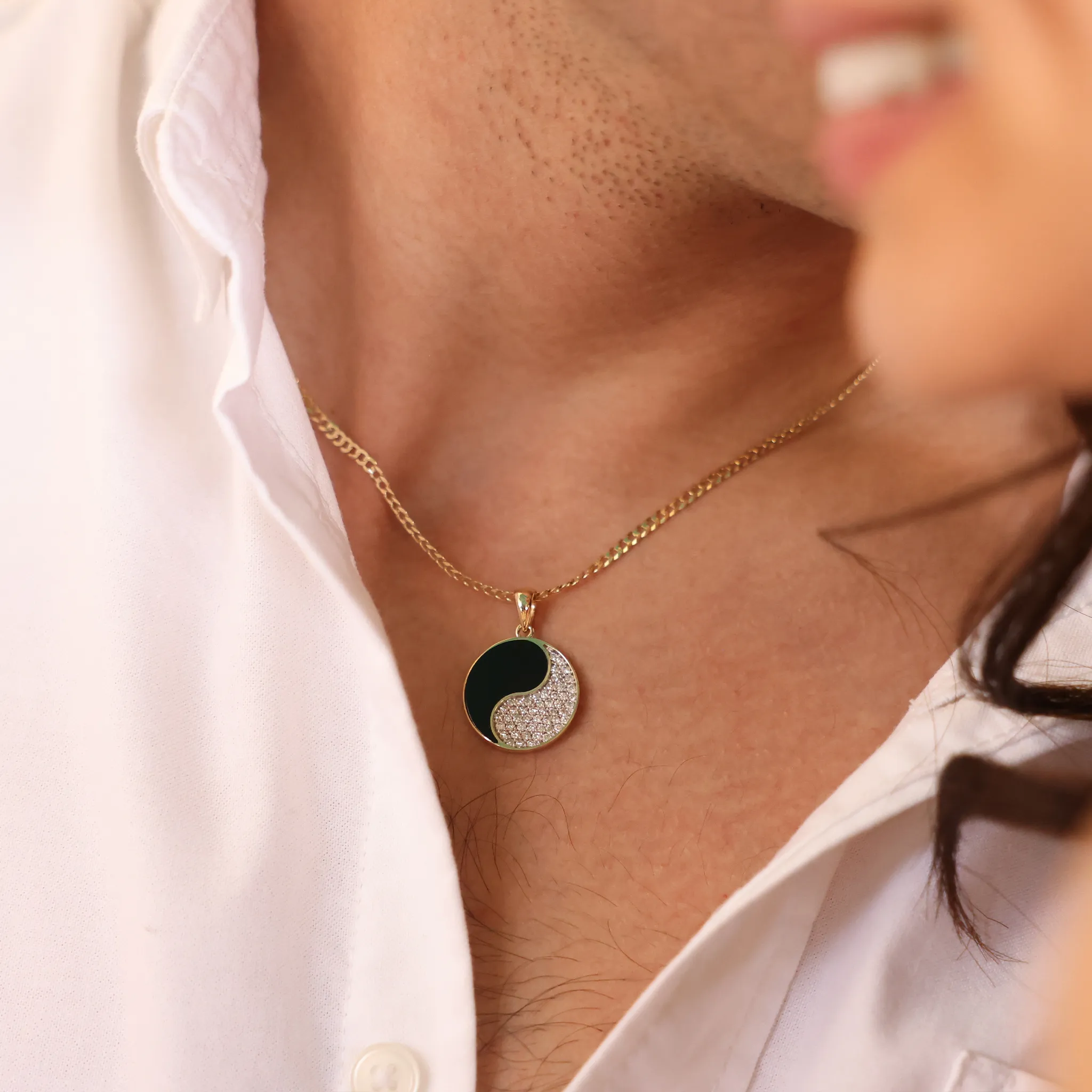 Yin Yang Black Coral Pendant in Gold with Diamonds - 19mm