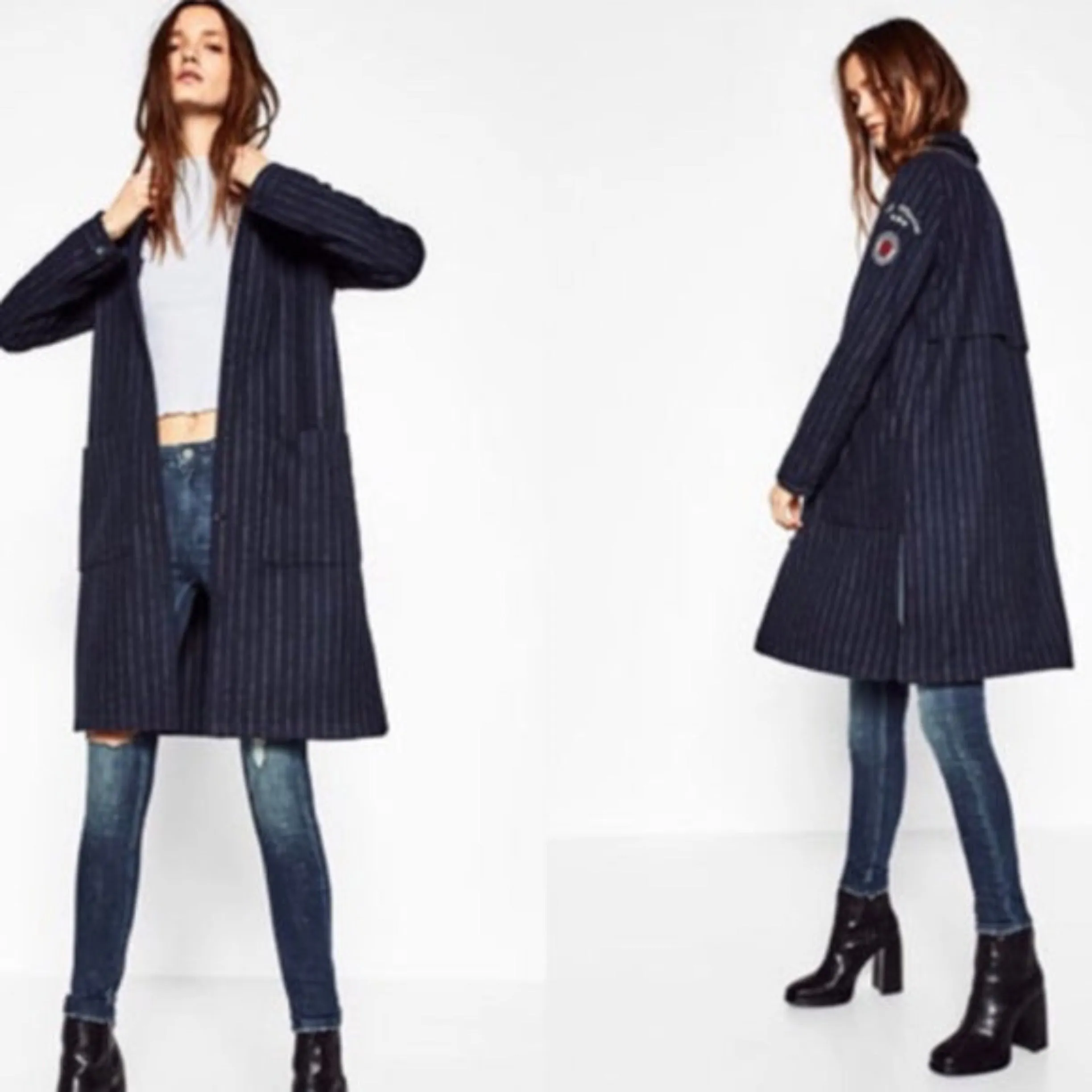 ZARA Navy Blue Trafaluc Pinstripe Military Patch Topper Coat Size L