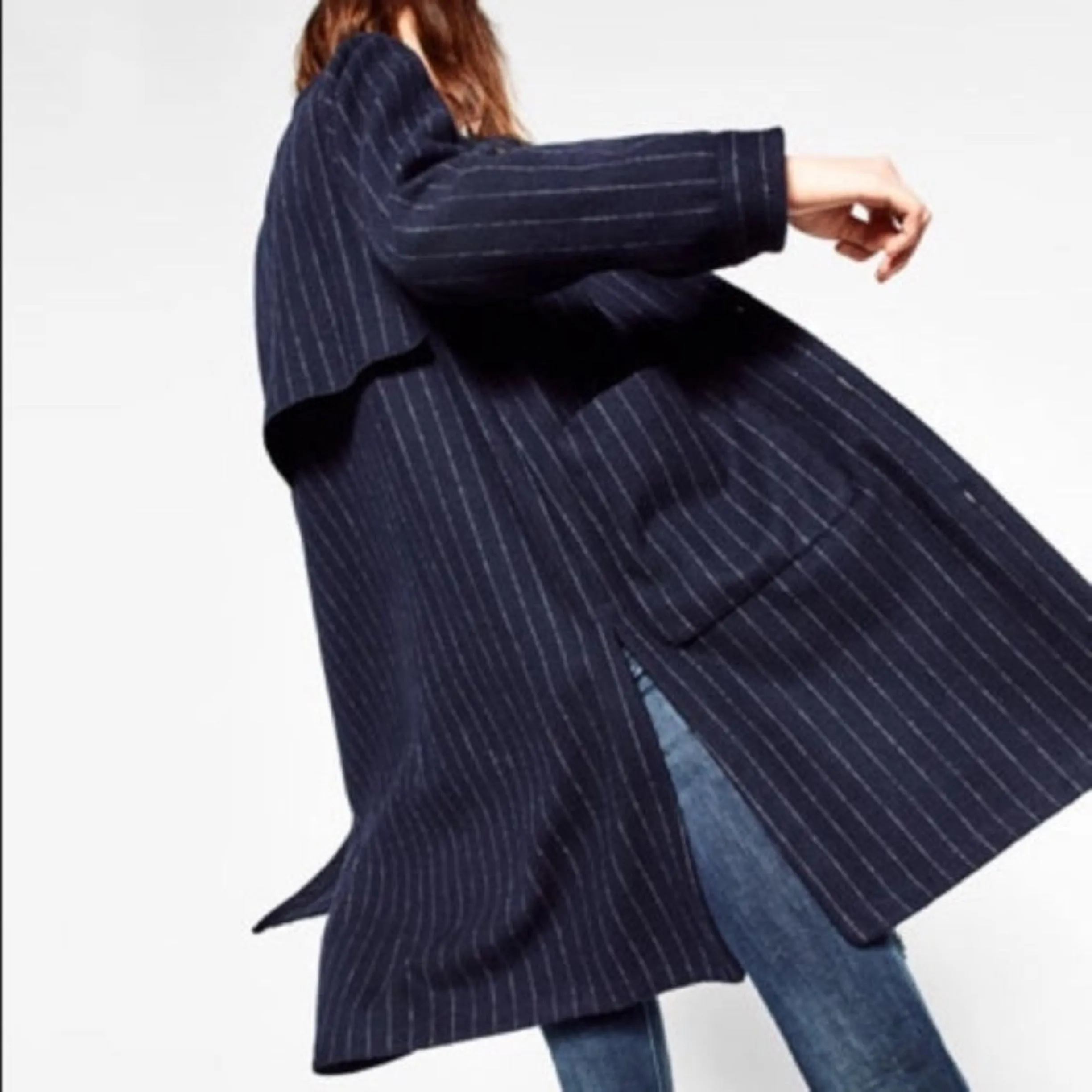 ZARA Navy Blue Trafaluc Pinstripe Military Patch Topper Coat Size L
