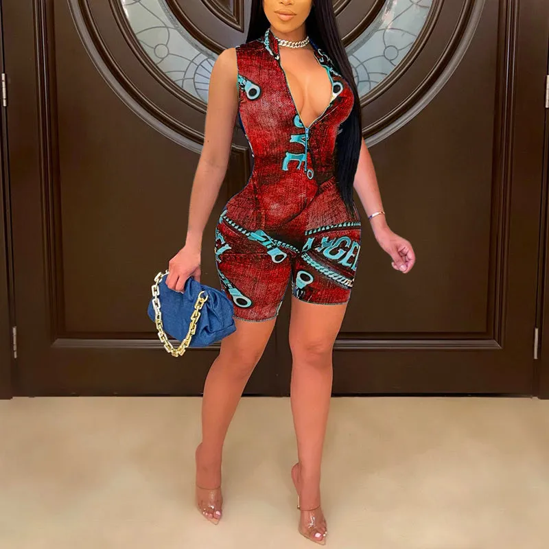 Zipper Print V-Neck Sleeveless Bodycon Romper