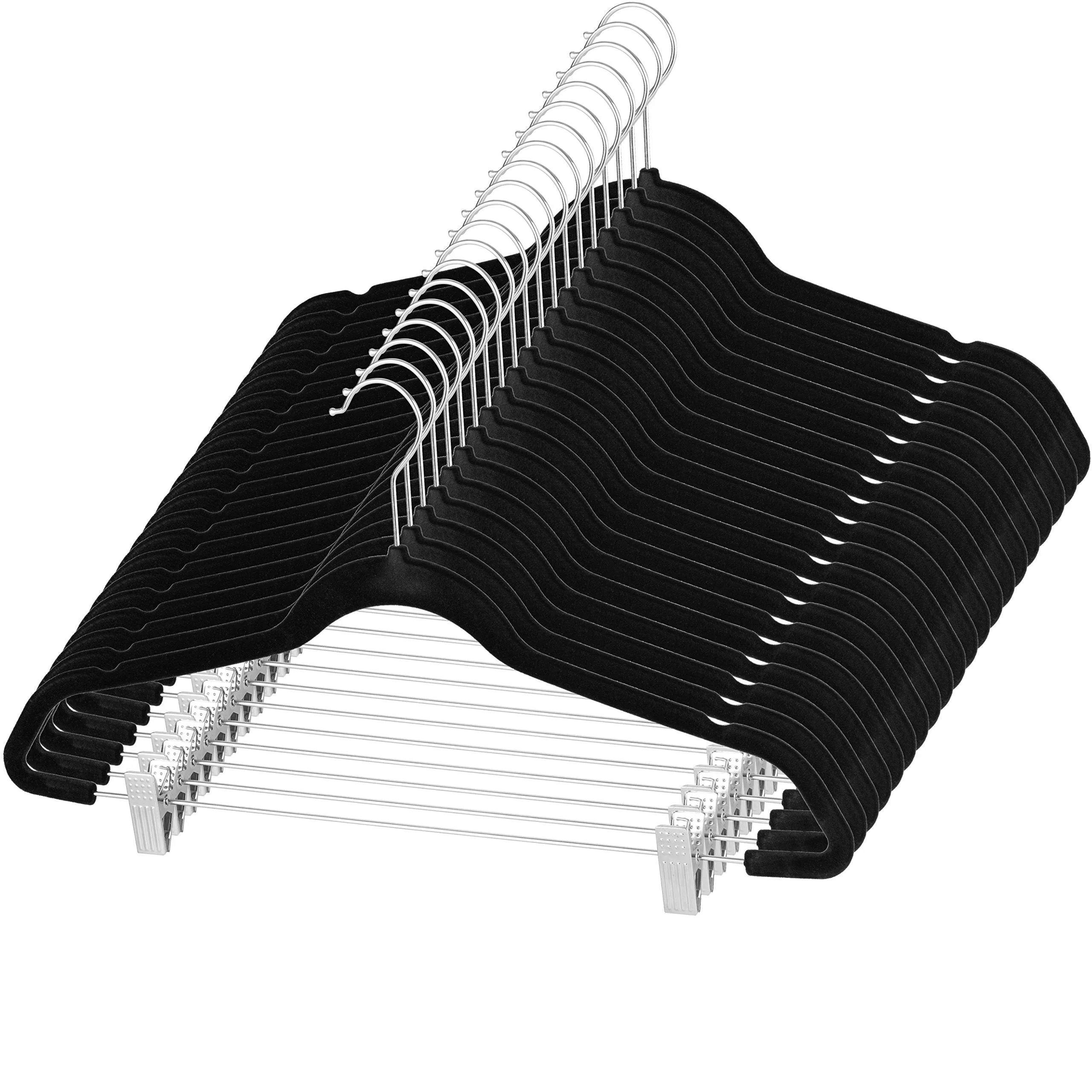 ZOBER Premium Quality Space Saving Velvet Pants Hangers Strong and Durable, with Metal Clips - 360 Degree Chrome Swivel Hook - Ultra Thin Non Slip Skirt Hangers, with Notches, 20 pack (Black)