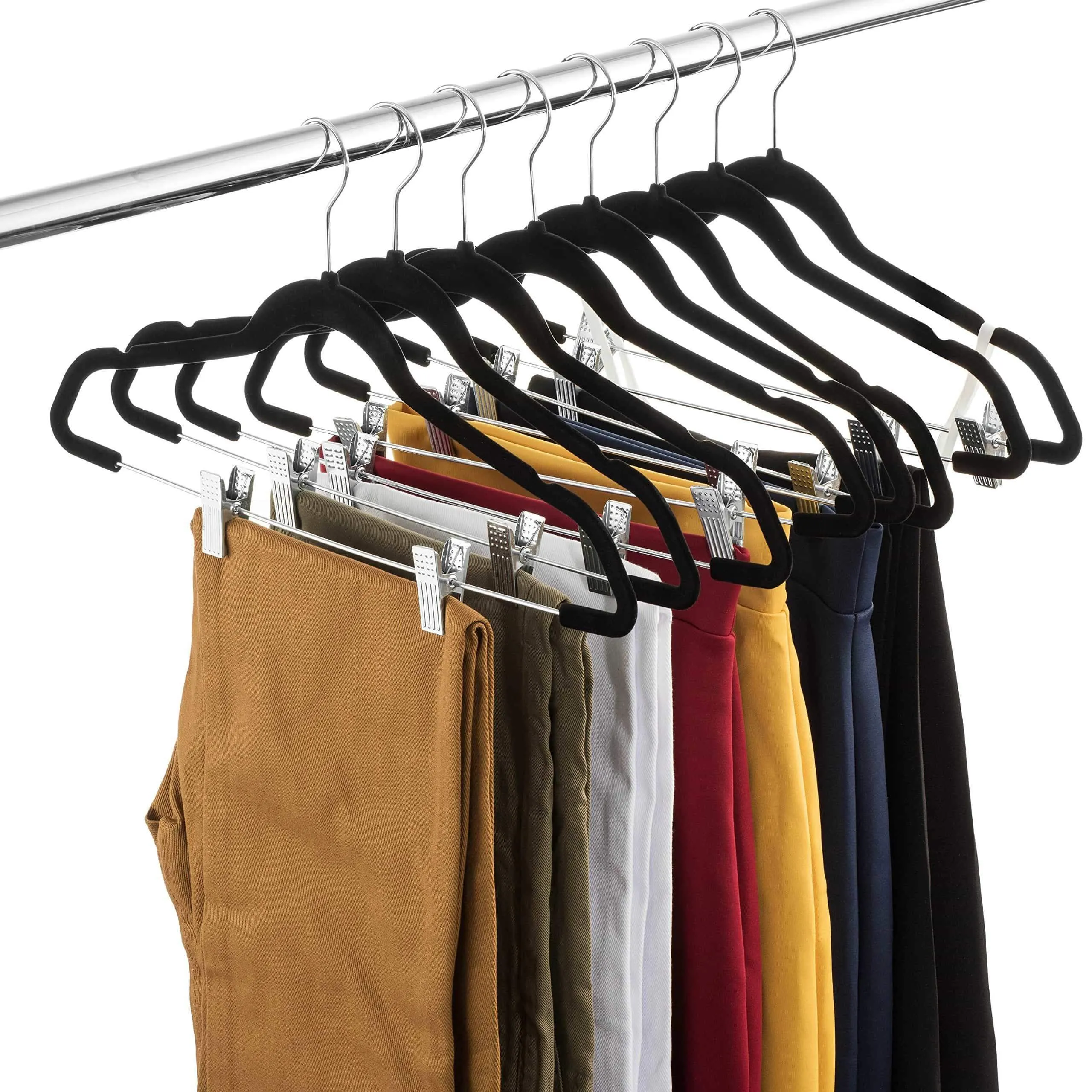 ZOBER Premium Quality Space Saving Velvet Pants Hangers Strong and Durable, with Metal Clips - 360 Degree Chrome Swivel Hook - Ultra Thin Non Slip Skirt Hangers, with Notches, 20 pack (Black)