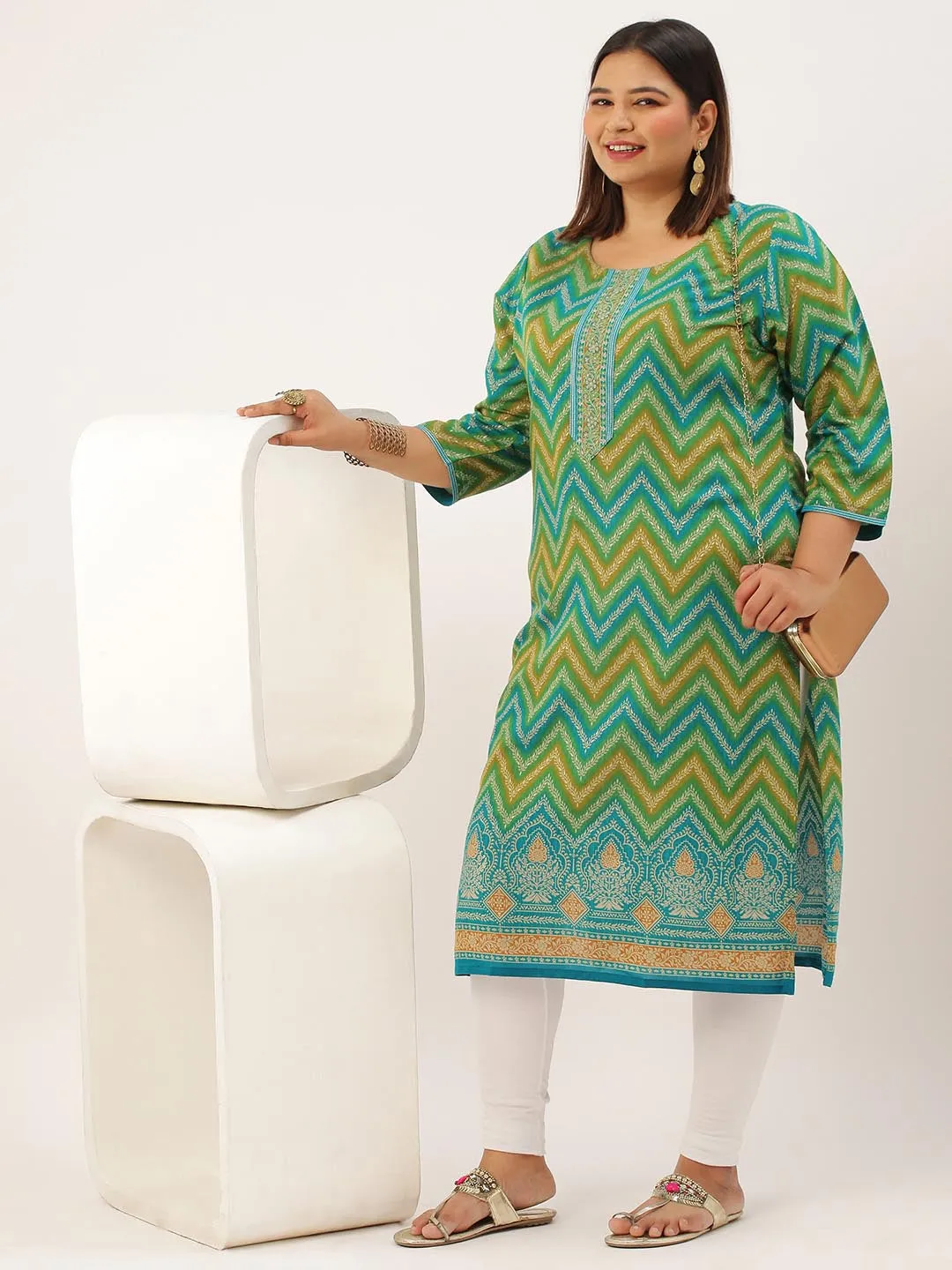 ZOLA Exclusive Round Neck Muslin All Over Chevron Print Aqua Straight Kurta For Women