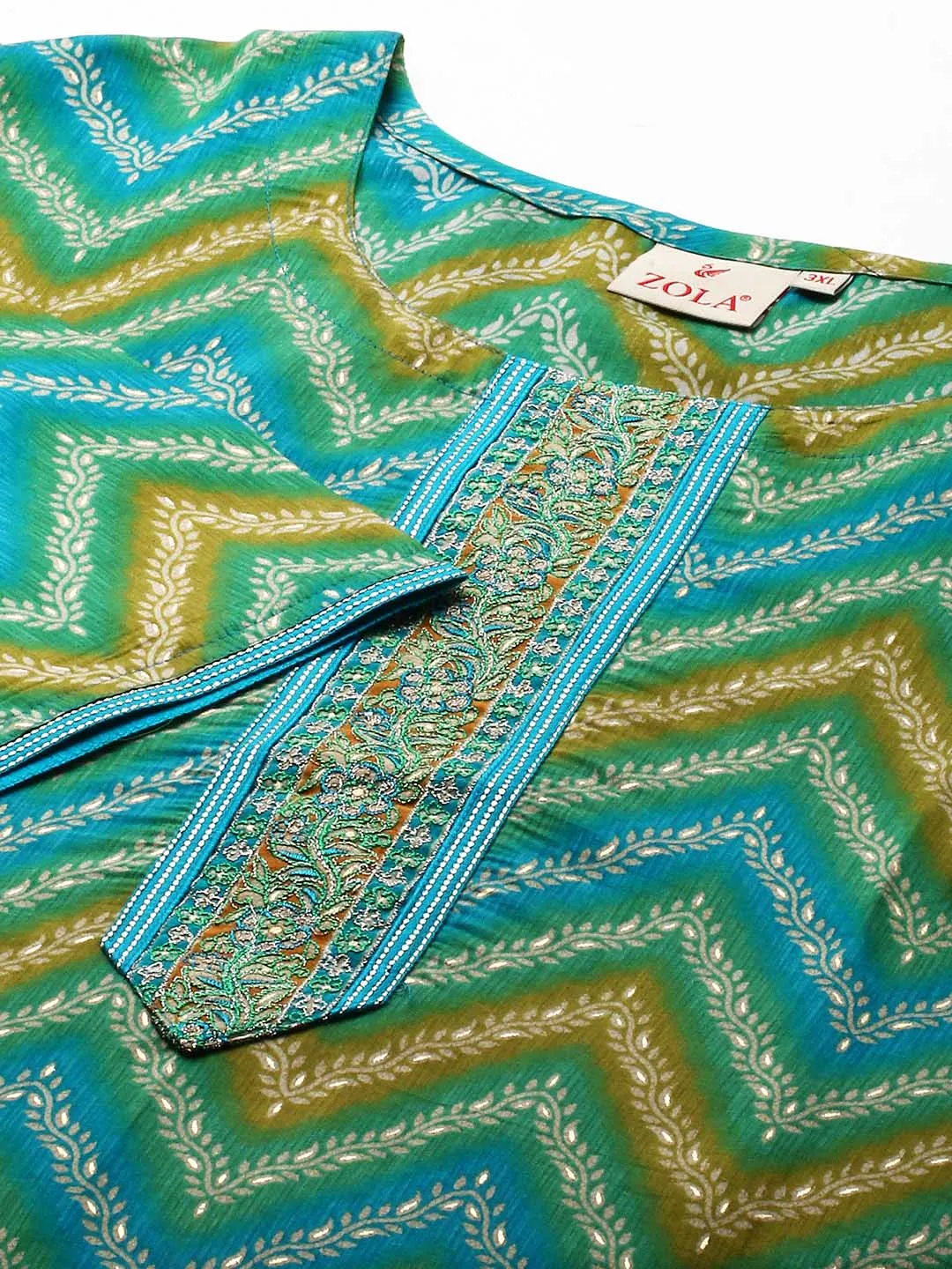 ZOLA Exclusive Round Neck Muslin All Over Chevron Print Aqua Straight Kurta For Women