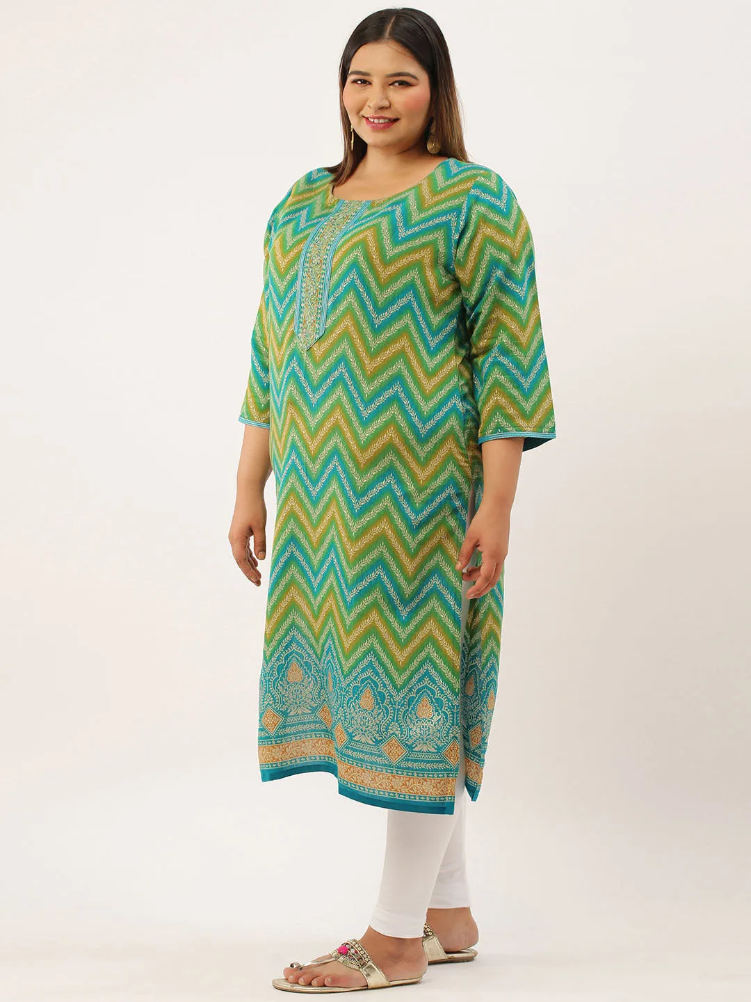 ZOLA Exclusive Round Neck Muslin All Over Chevron Print Aqua Straight Kurta For Women
