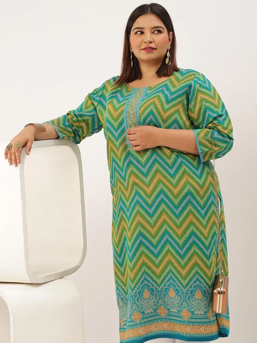 ZOLA Exclusive Round Neck Muslin All Over Chevron Print Aqua Straight Kurta For Women