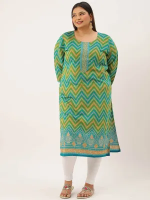 ZOLA Exclusive Round Neck Muslin All Over Chevron Print Aqua Straight Kurta For Women