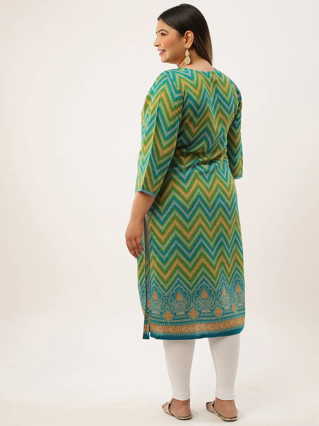 ZOLA Exclusive Round Neck Muslin All Over Chevron Print Aqua Straight Kurta For Women