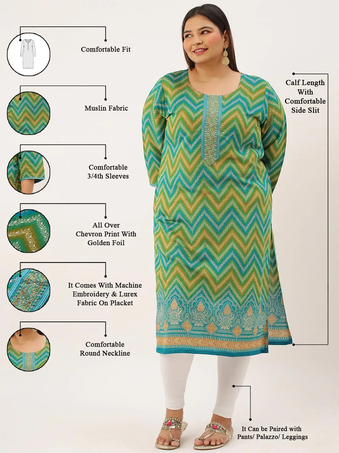 ZOLA Exclusive Round Neck Muslin All Over Chevron Print Aqua Straight Kurta For Women