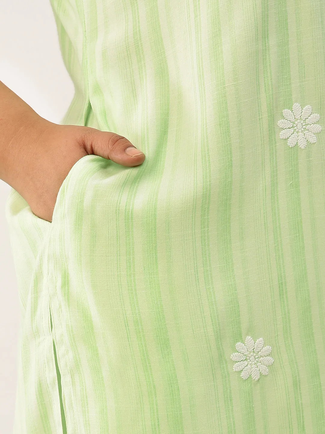 ZOLA Exclusive Round Neck Rayon All Over Stripe Print Green Straight Kurta For Women