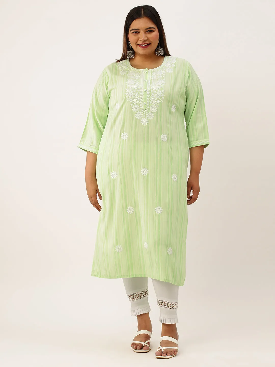 ZOLA Exclusive Round Neck Rayon All Over Stripe Print Green Straight Kurta For Women