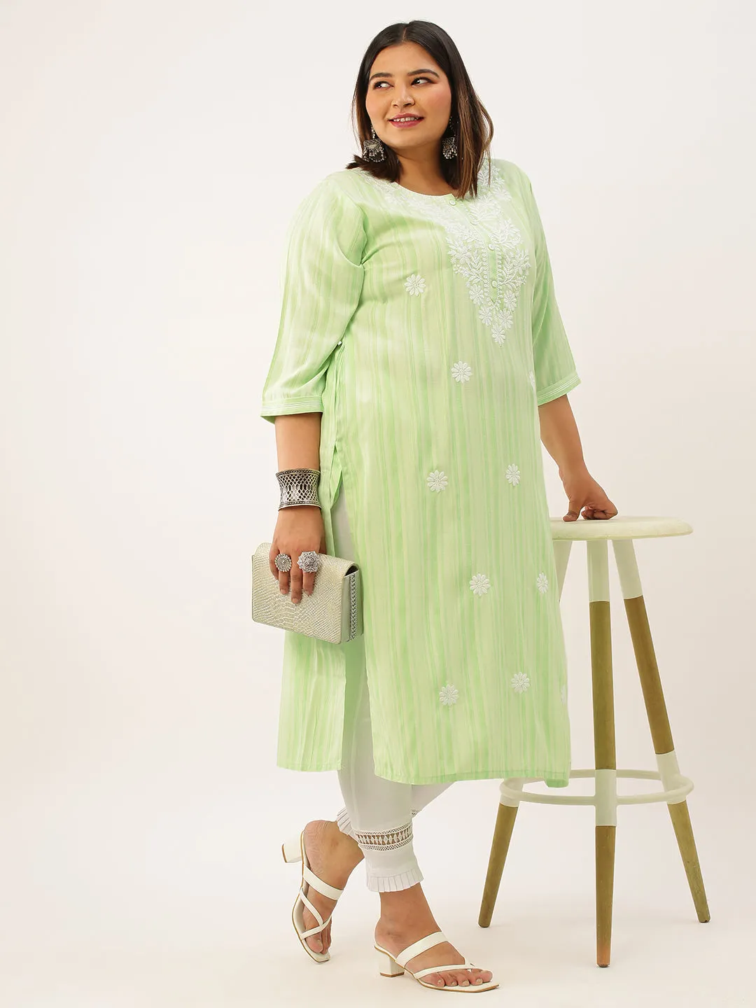 ZOLA Exclusive Round Neck Rayon All Over Stripe Print Green Straight Kurta For Women