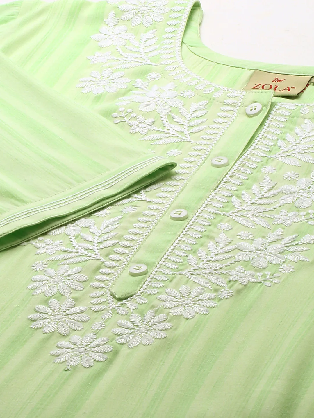 ZOLA Exclusive Round Neck Rayon All Over Stripe Print Green Straight Kurta For Women