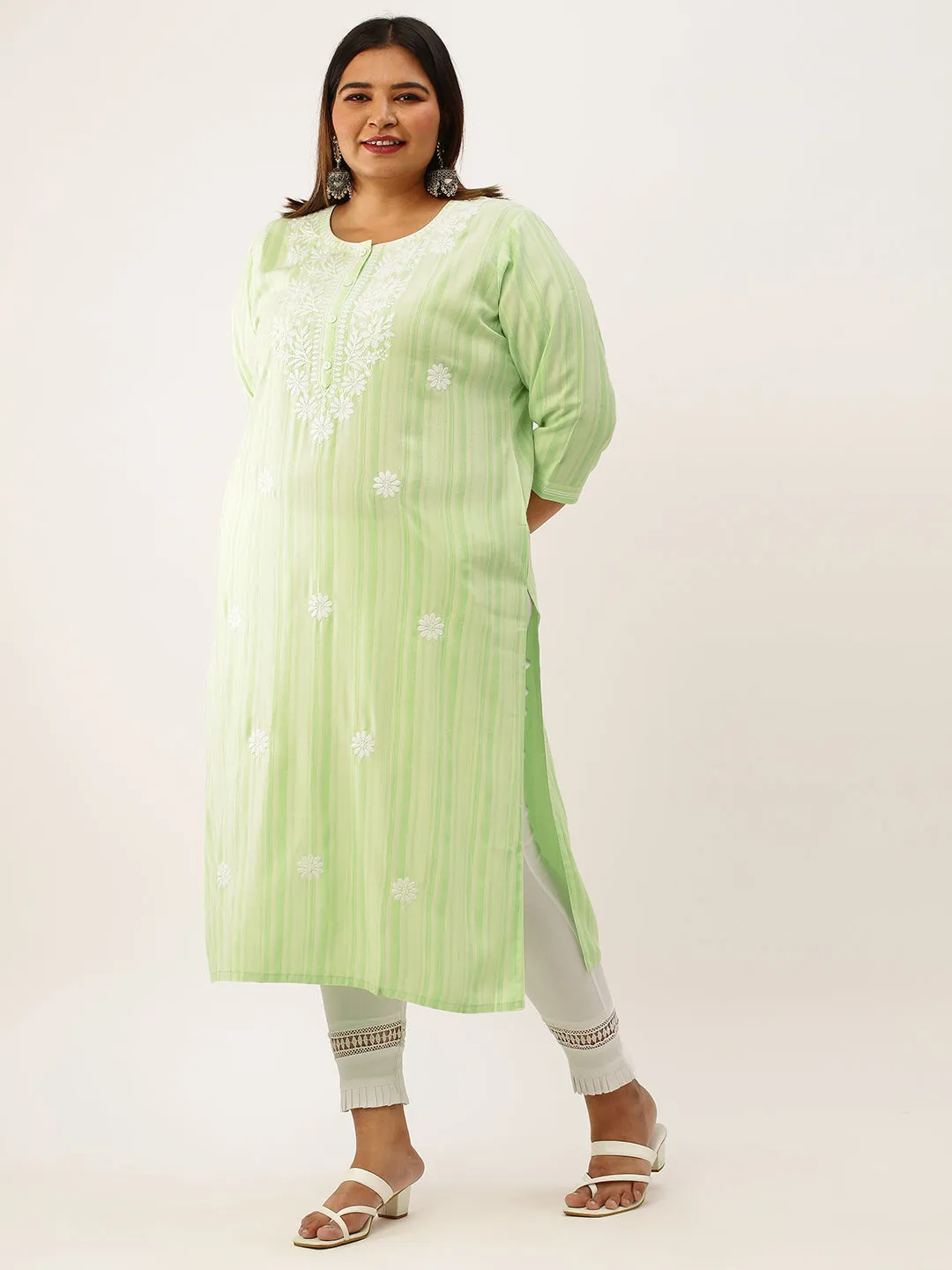 ZOLA Exclusive Round Neck Rayon All Over Stripe Print Green Straight Kurta For Women