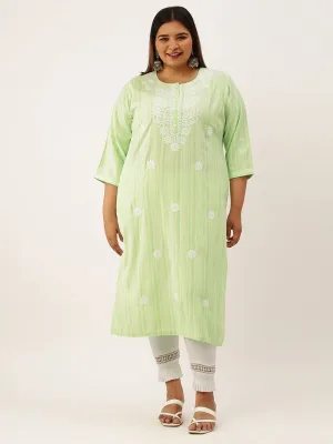 ZOLA Exclusive Round Neck Rayon All Over Stripe Print Green Straight Kurta For Women