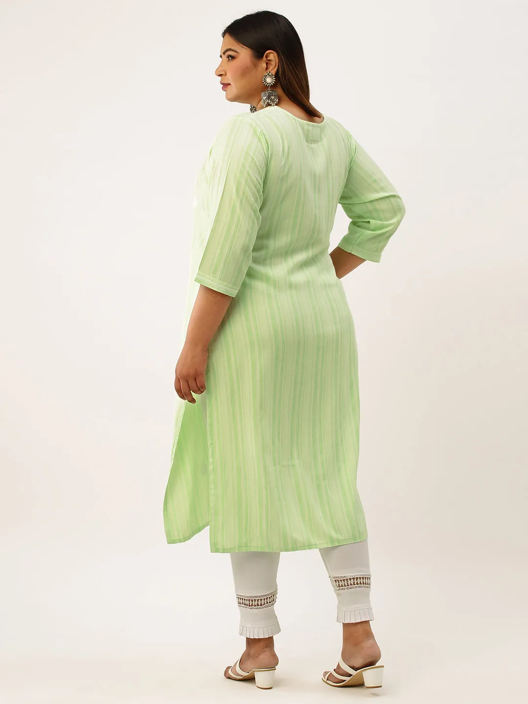 ZOLA Exclusive Round Neck Rayon All Over Stripe Print Green Straight Kurta For Women