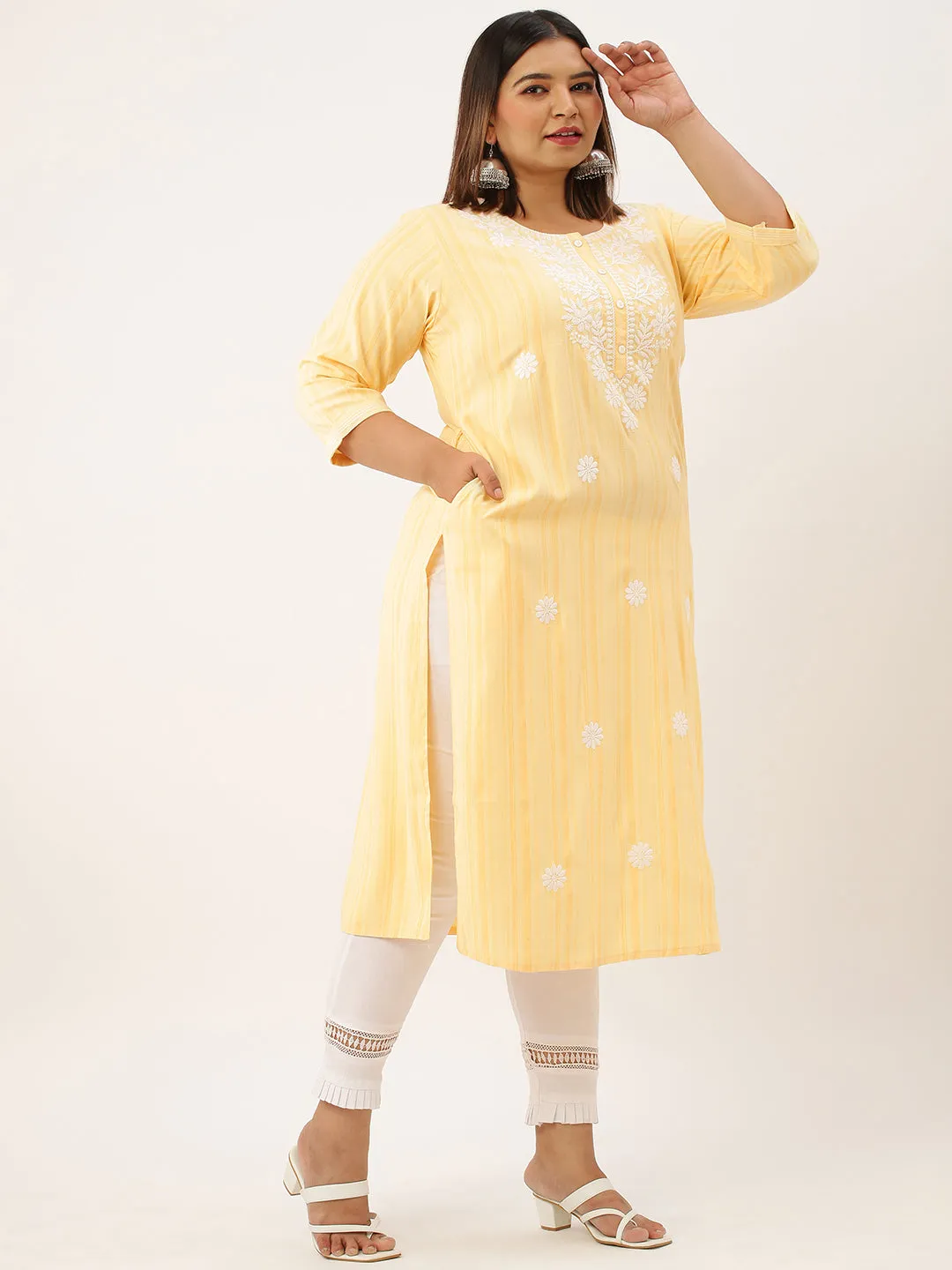 ZOLA Exclusive Round Neck Rayon All Over Stripe Print Yellow Straight Kurta For Women