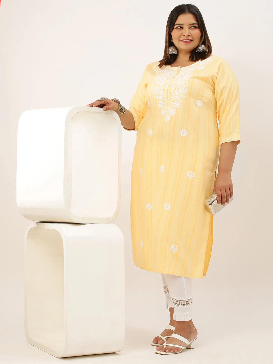 ZOLA Exclusive Round Neck Rayon All Over Stripe Print Yellow Straight Kurta For Women