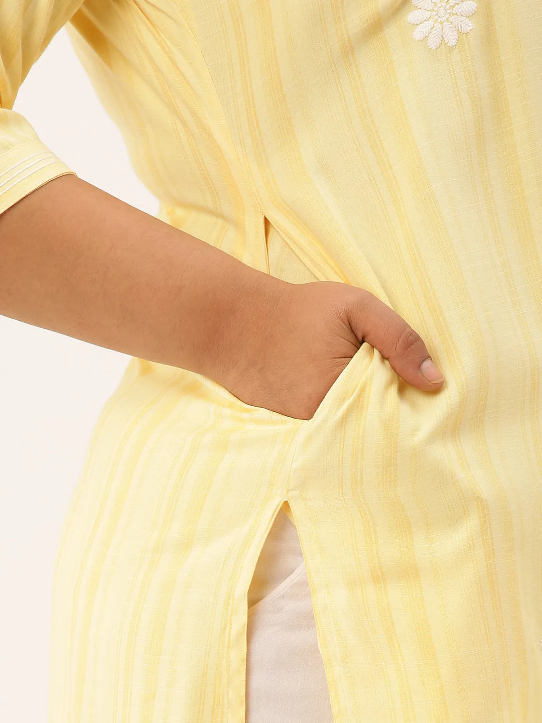 ZOLA Exclusive Round Neck Rayon All Over Stripe Print Yellow Straight Kurta For Women