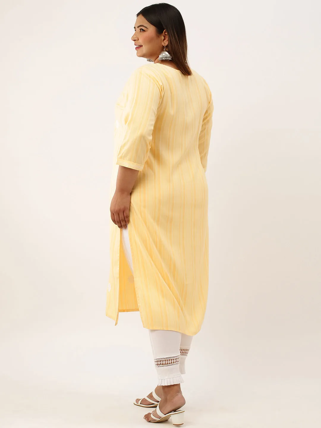 ZOLA Exclusive Round Neck Rayon All Over Stripe Print Yellow Straight Kurta For Women