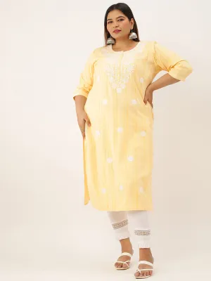 ZOLA Exclusive Round Neck Rayon All Over Stripe Print Yellow Straight Kurta For Women