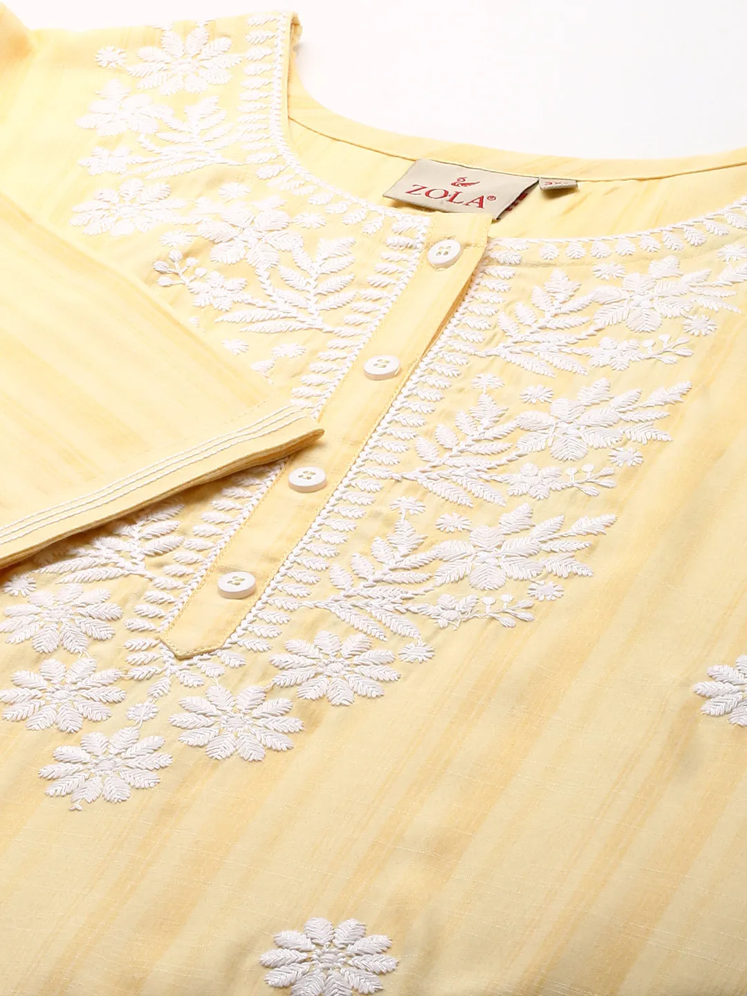 ZOLA Exclusive Round Neck Rayon All Over Stripe Print Yellow Straight Kurta For Women