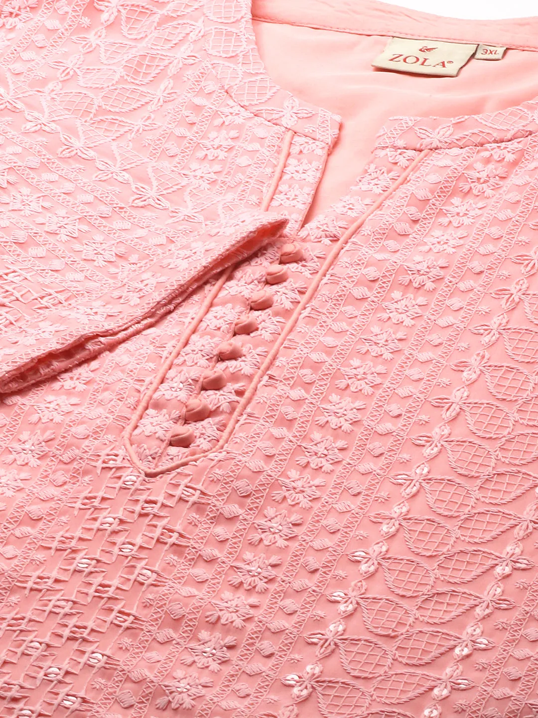 ZOLA Mandarin Collar Georgette All over Chikankari Embroidery Peach Straight Tunic For Women