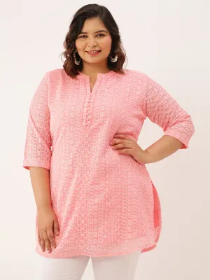 ZOLA Mandarin Collar Georgette All over Chikankari Embroidery Peach Straight Tunic For Women